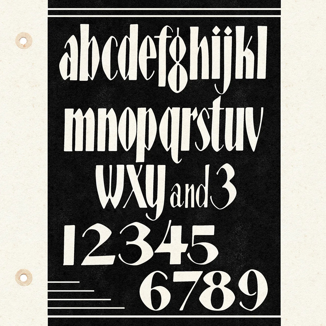 Black and white alphabet and number poster on a beige background