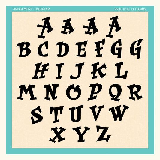 Vintage-style alphabet letters from the Amusement font on a beige background with a blue border