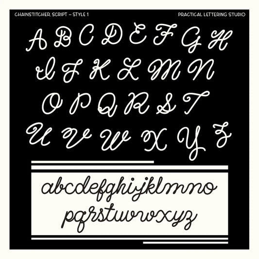 Chainstitcher Script alphabet (style 1) on a black background