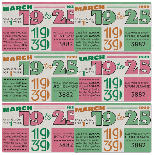 Collection of vintage style train passes from March 19 to 25, 1939, with different color schemes.