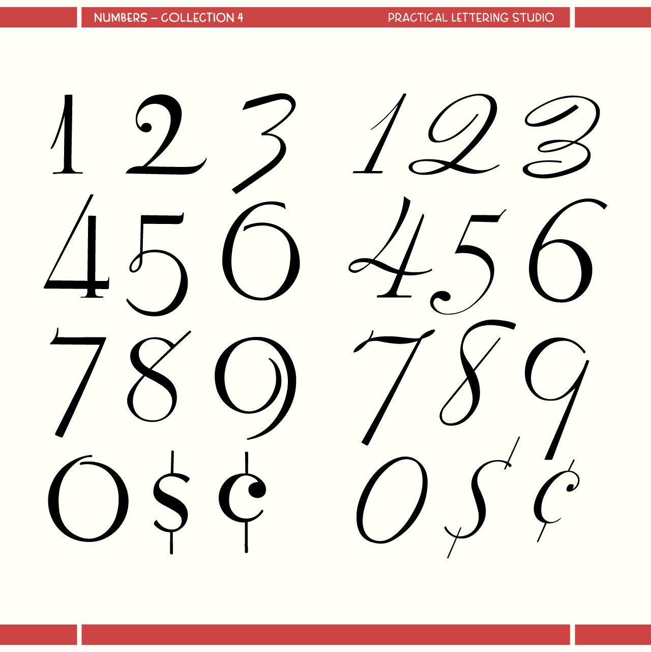 Collection of stylized numbers on a white background with red accents.