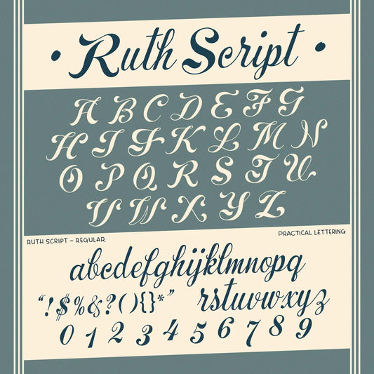 Ruth Script (Regular) font display with alphabet and numbers on a blue and beige background