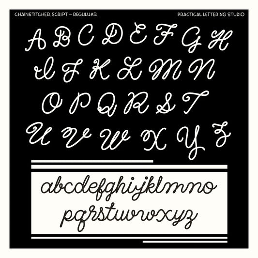 Chainstitcher Script alphabet on a black background