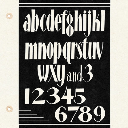 Black and white alphabet and number poster on a beige background