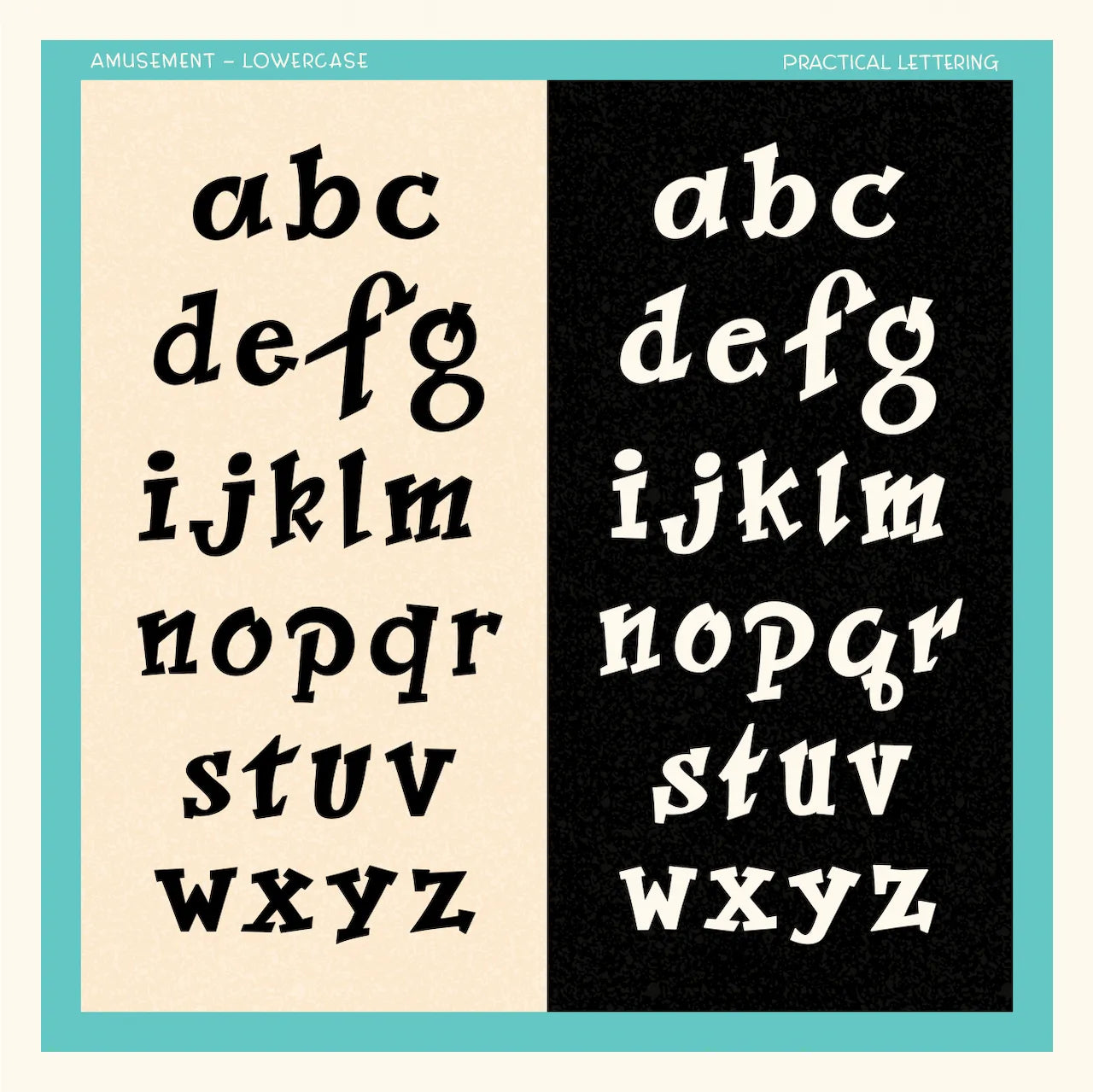 Two sets of lowercase letters 'abc' to 'wxyz' on beige and black backgrounds.