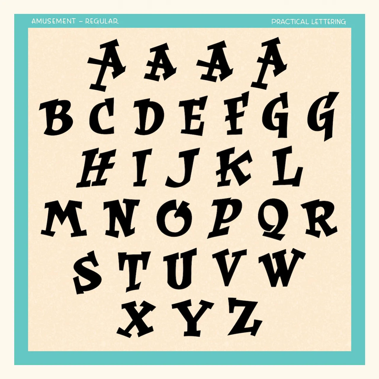 Vintage-style alphabet letters from the Amusement font on a beige background with a blue border