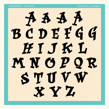 Vintage-style alphabet letters from the Amusement font on a beige background with a blue border