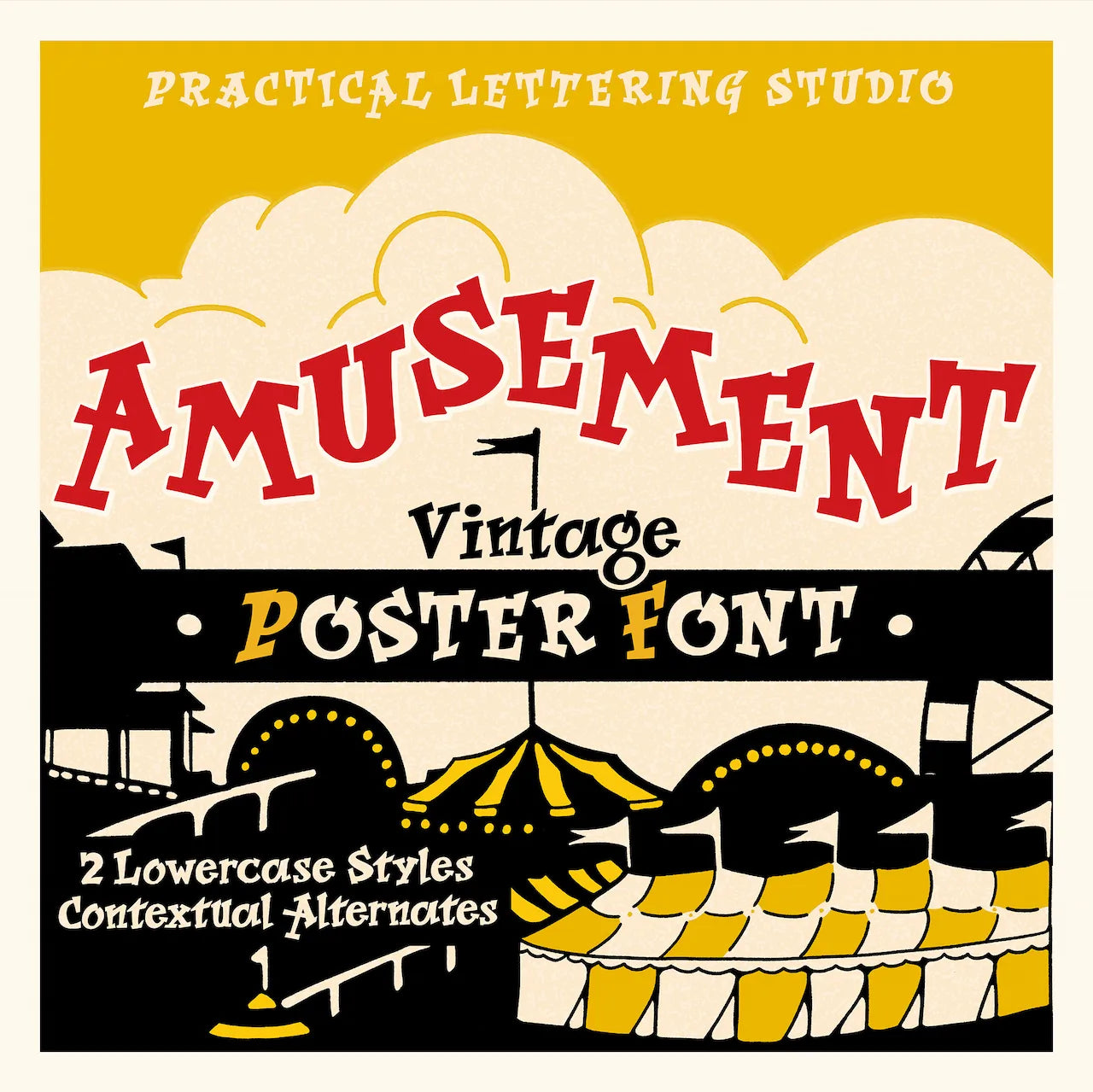 Poster font advertisement with clown illustration and text about font styles and alternates from the font Amusement.