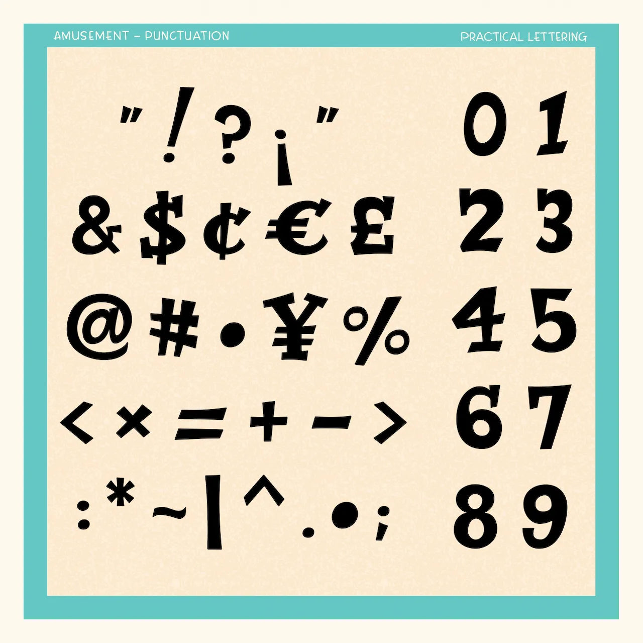 Collection of punctuation marks and numbers on a beige background with a blue border.