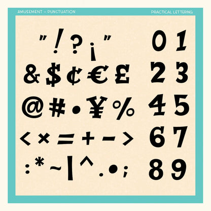 Collection of punctuation marks and numbers on a beige background with a blue border.