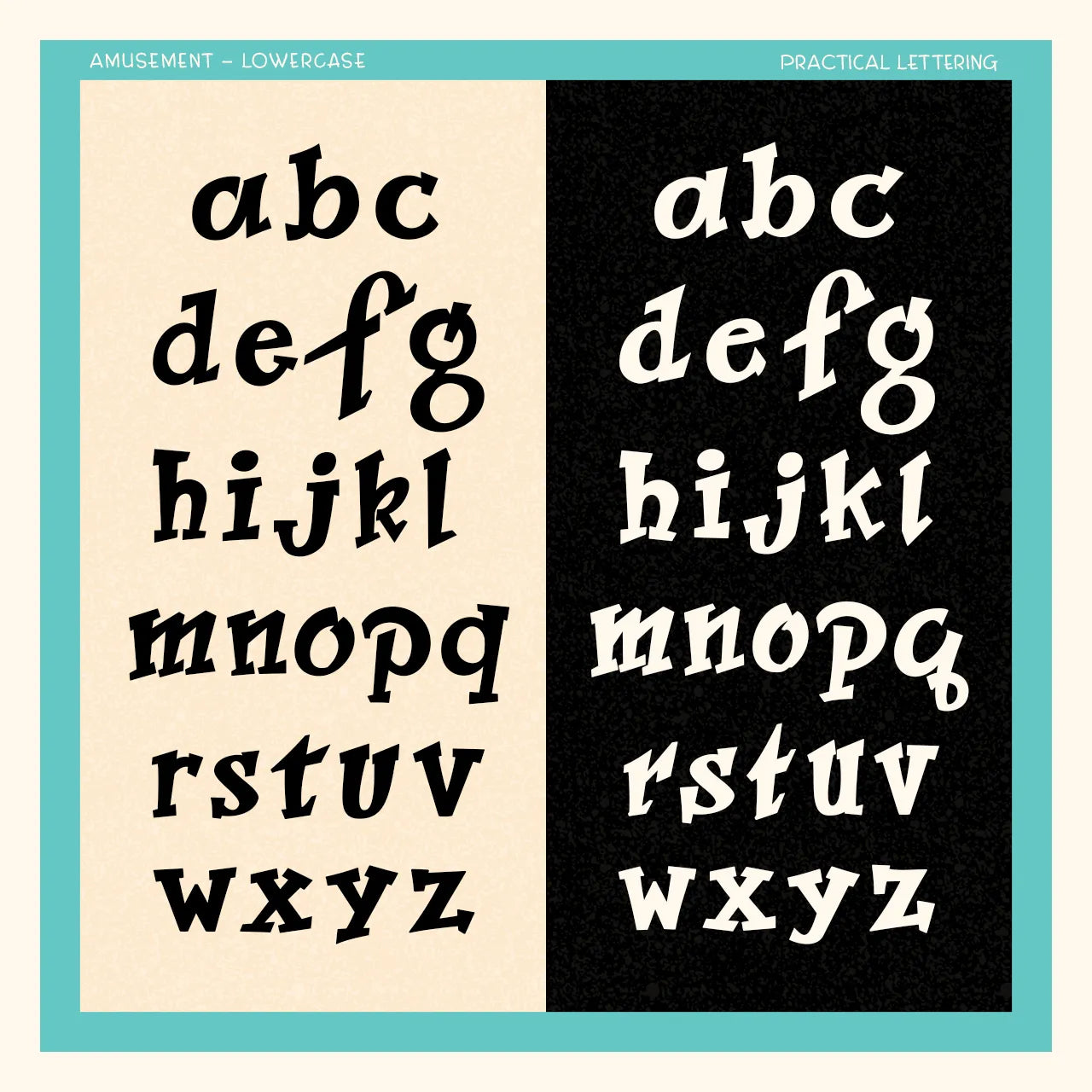 Two sets of lowercase letters 'abc' to 'wxyz' on beige and black backgrounds.