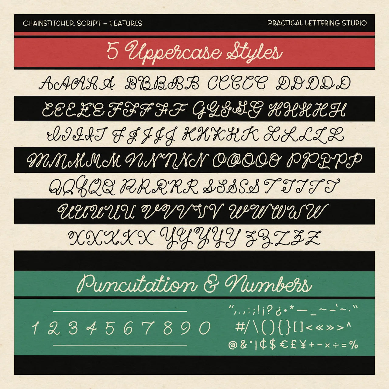 Display of a chainstitcher script with uppercase letters, punctuation, and numbers on a beige background.