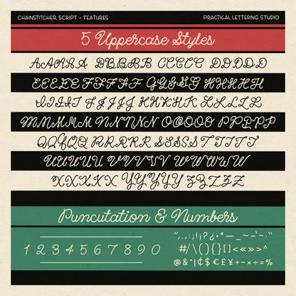 Display of a chainstitcher script with uppercase letters, punctuation, and numbers on a beige background.