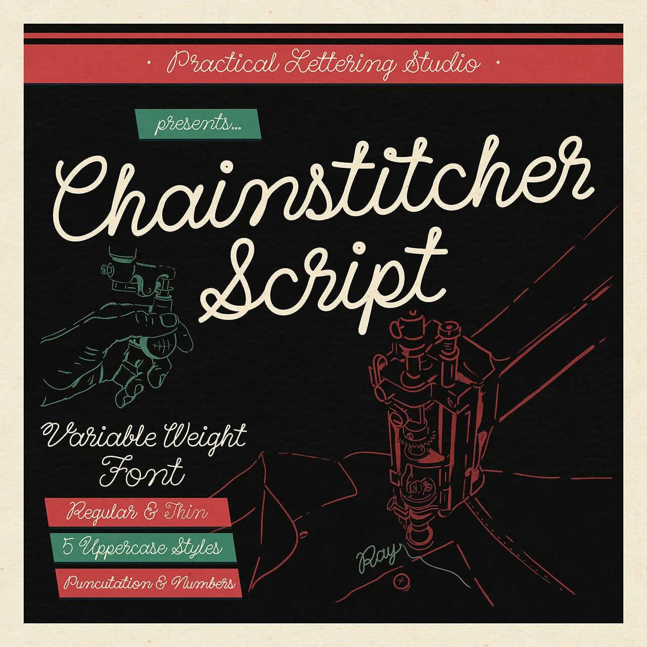 Advertisement for Chainstitcher Script font with chainstitch embroidery machine illustrations on a black background.