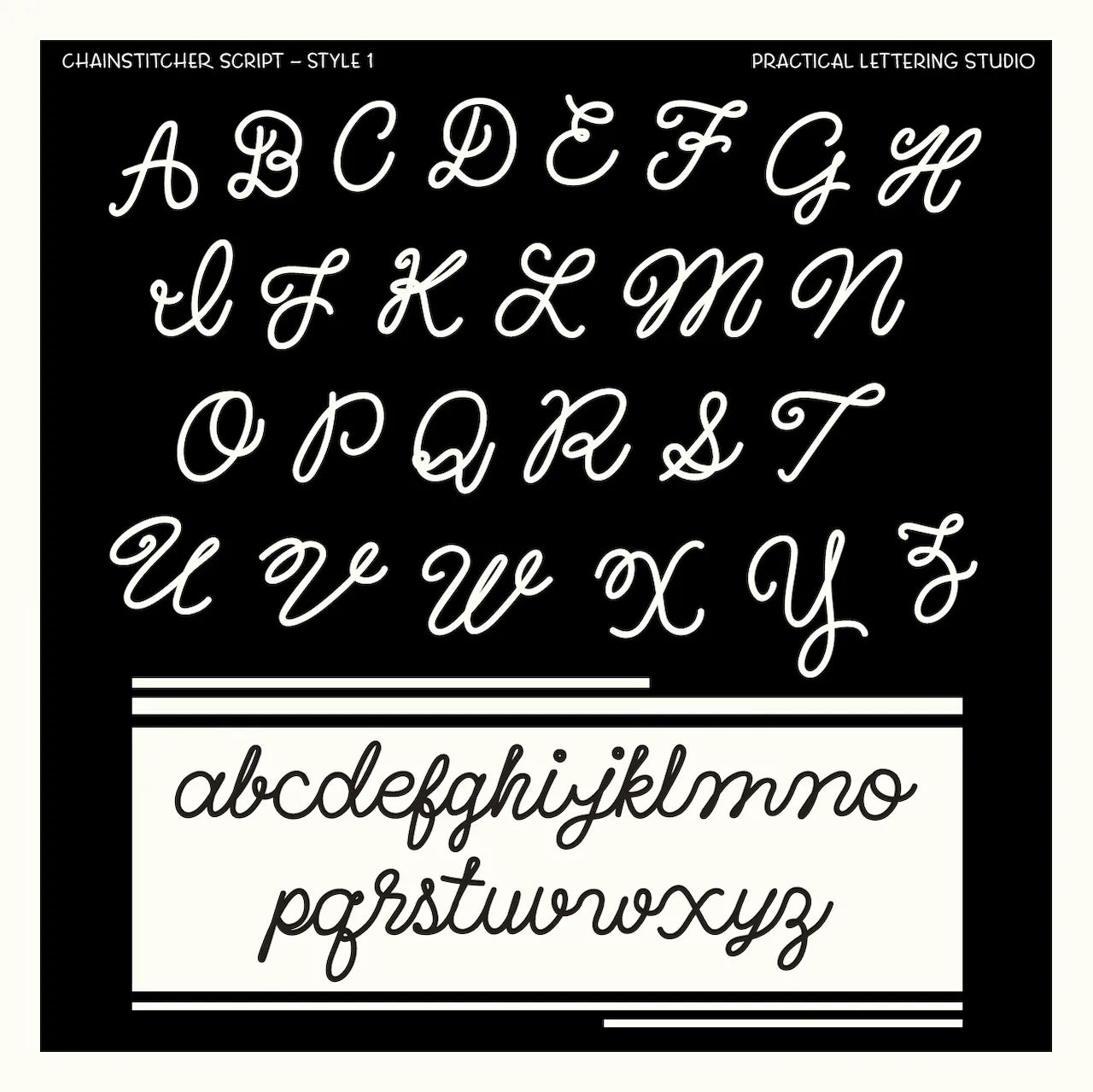 Chainstitcher Script alphabet (style 1) on a black background