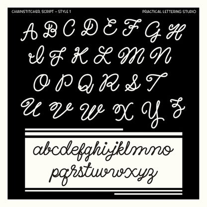 Chainstitcher Script alphabet (style 1) on a black background