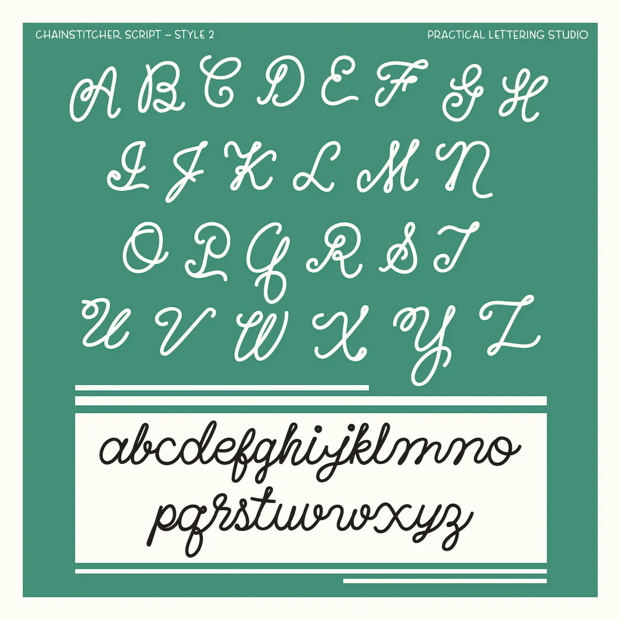 Chainstitcher Script alphabet (style 2) on a green background