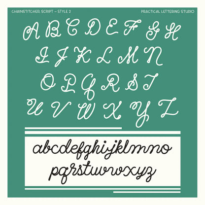 Chainstitcher Script alphabet (style 2) on a green background