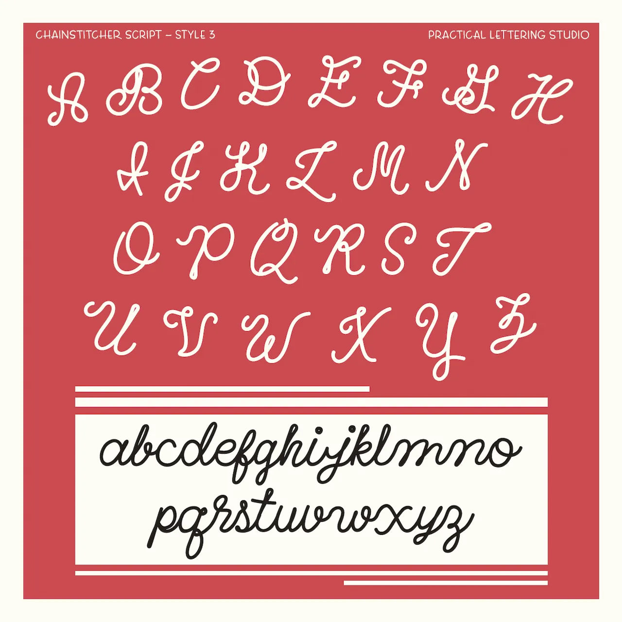 Chainstitcher Script alphabet (style 3) on a red background