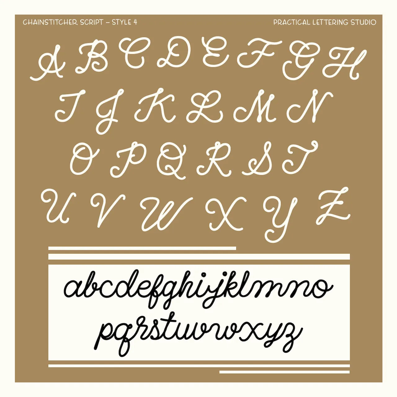 Chainstitcher Script alphabet (style 4) on a beige background