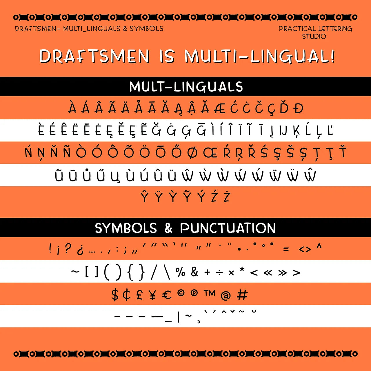 Display of multilingual characters and symbols on an orange background with text about 'Draftsmen is Multi-Lingual'.