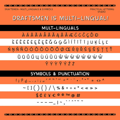 Display of multilingual characters and symbols on an orange background with text about 'Draftsmen is Multi-Lingual'.
