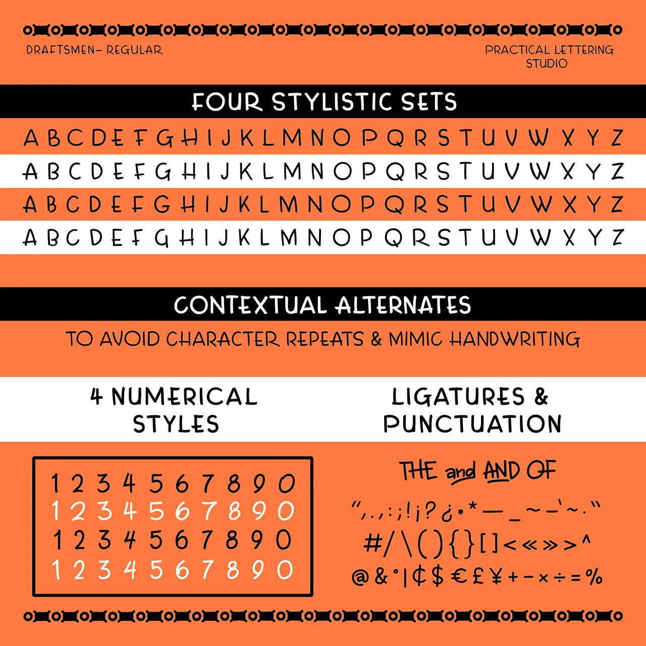 Display of draftsmen font with letters, numbers, stylistic sets and punctuation on an orange background.
