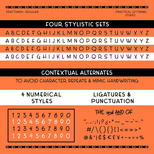 Display of draftsmen font with letters, numbers, stylistic sets and punctuation on an orange background.