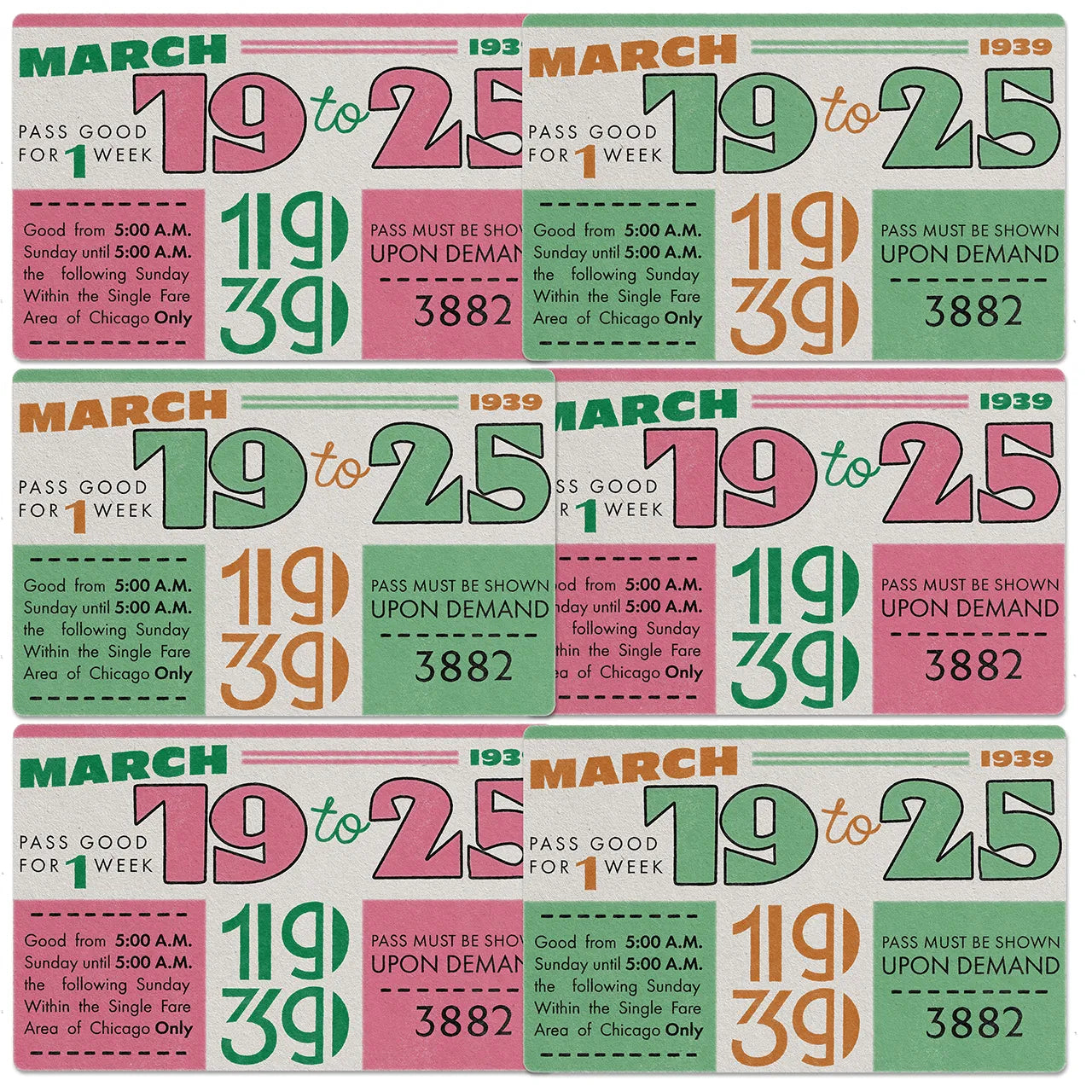 Collection of vintage style train passes from March 19 to 25, 1939, with different color schemes.