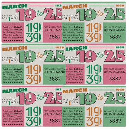 Collection of vintage style train passes from March 19 to 25, 1939, with different color schemes.