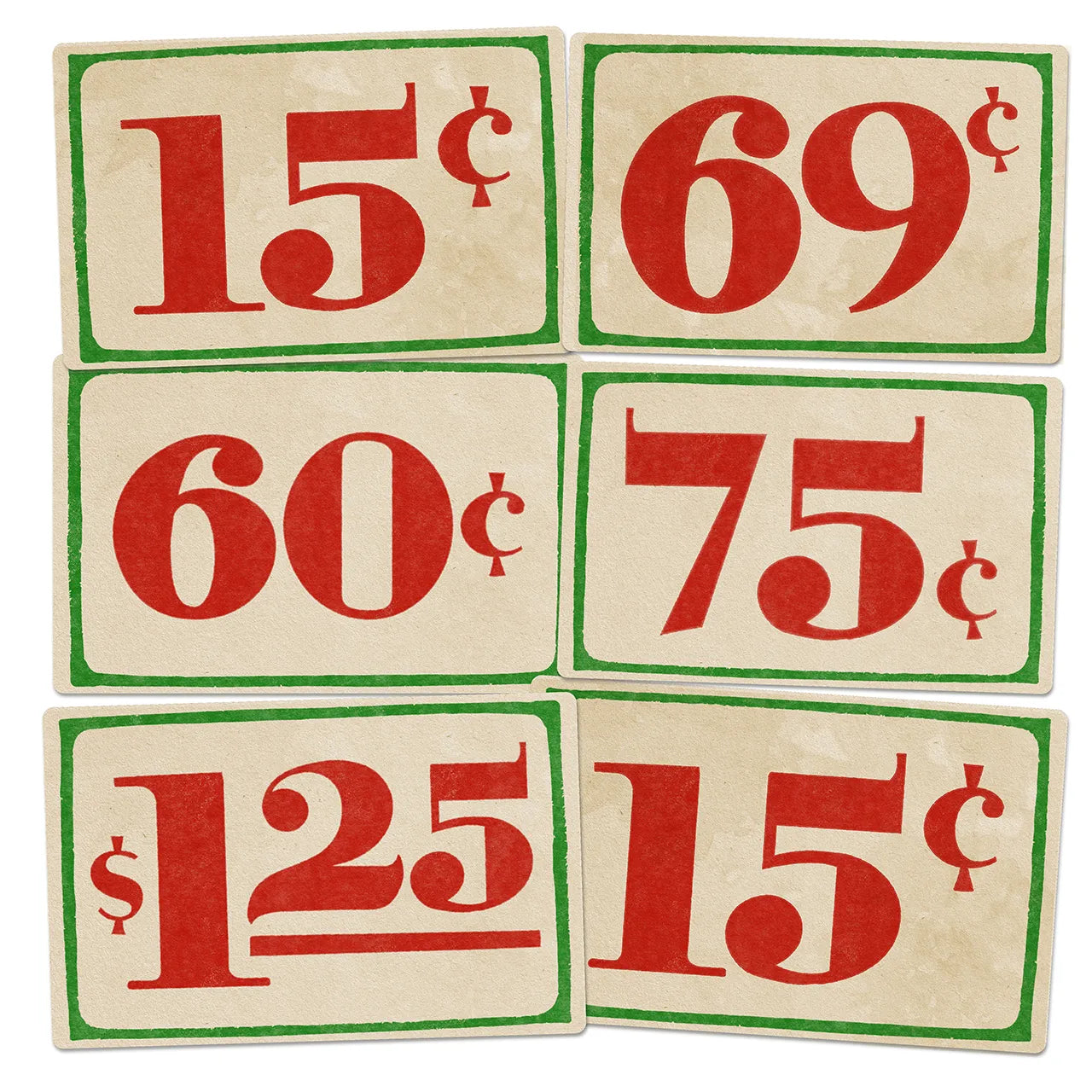 Set of six vintage-style price labels with red text on a beige background