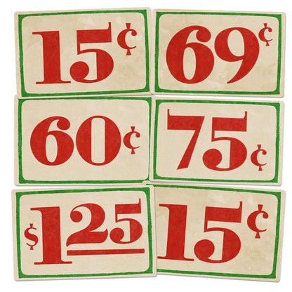 Set of six vintage-style price labels with red text on a beige background