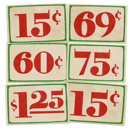 Set of six vintage-style price labels with red text on a beige background