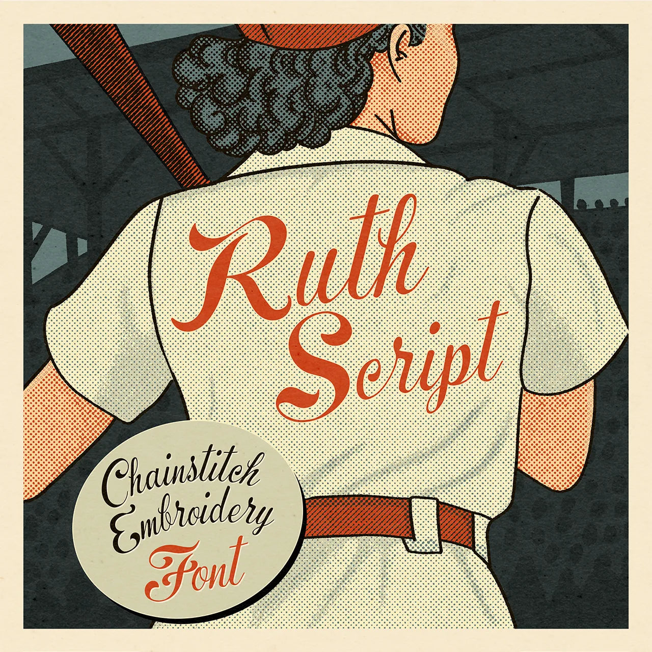 Ruth Script chainstitch embroidery font shown on a vintage 1940s women’s baseball uniform retro illustrated style.