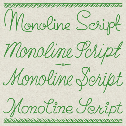 Green monoline script text on a beige background