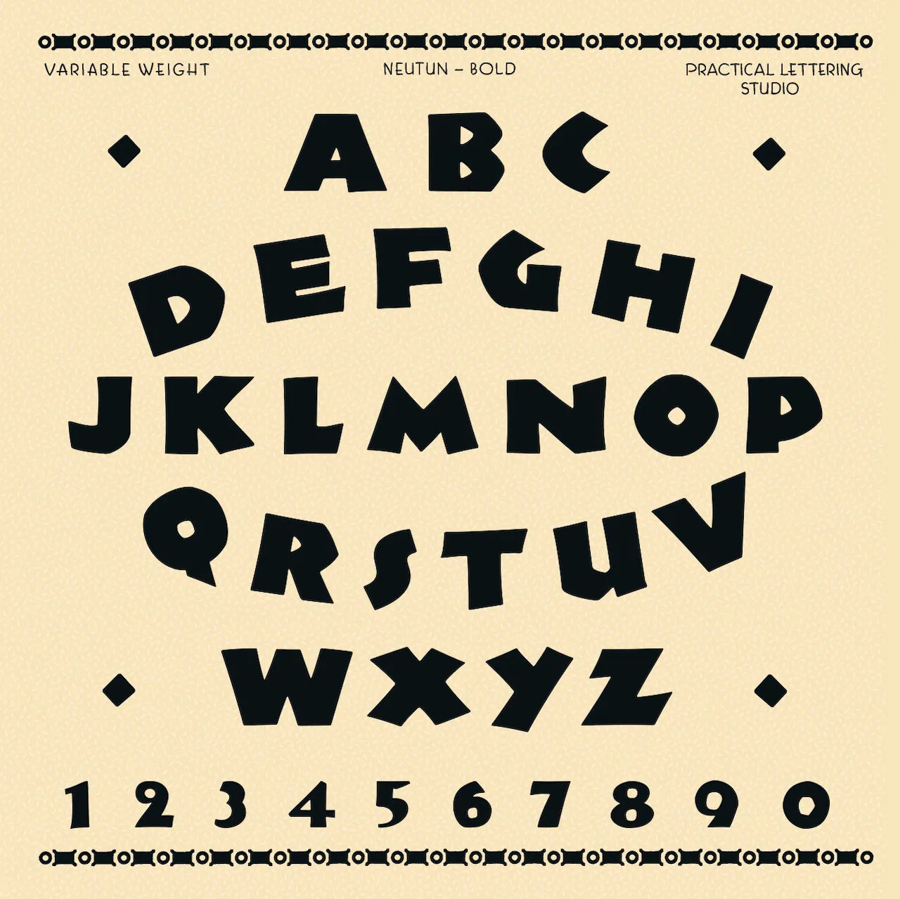 Specimen sheet for Neutun Bold Weight. Black alphabet and numbers on a beige background