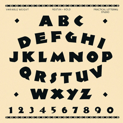 Specimen sheet for Neutun Bold Weight. Black alphabet and numbers on a beige background