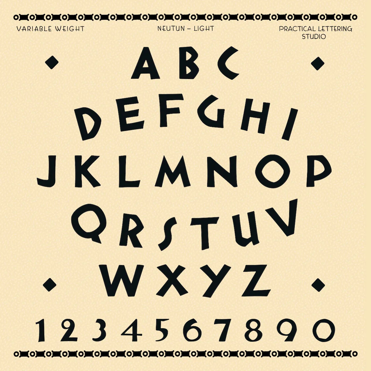 Specimen sheet for Neutun Light Weight. Black alphabet and numbers on a beige background