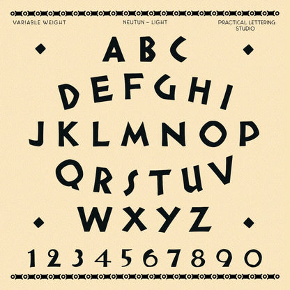 Specimen sheet for Neutun Light Weight. Black alphabet and numbers on a beige background