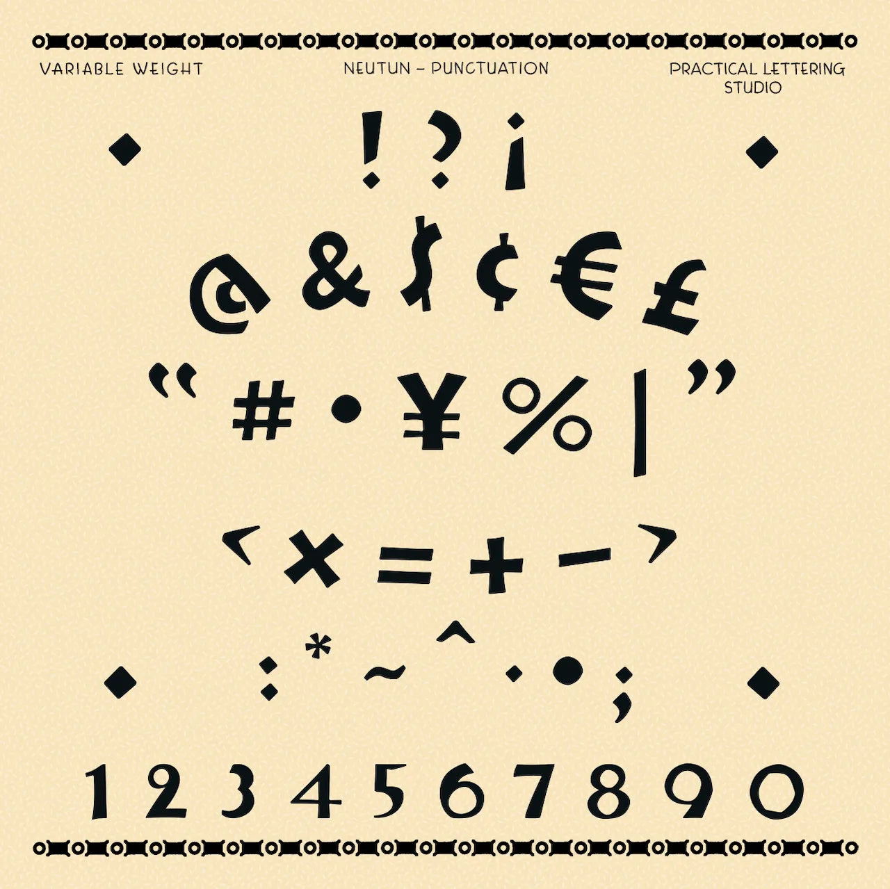 Specimen sheet for Neutun font punctuation. Black punctuation and numbers on a beige background