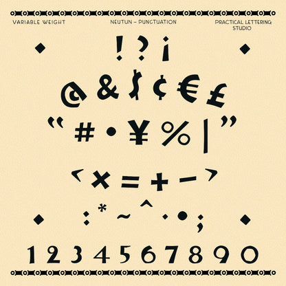 Specimen sheet for Neutun font punctuation. Black punctuation and numbers on a beige background