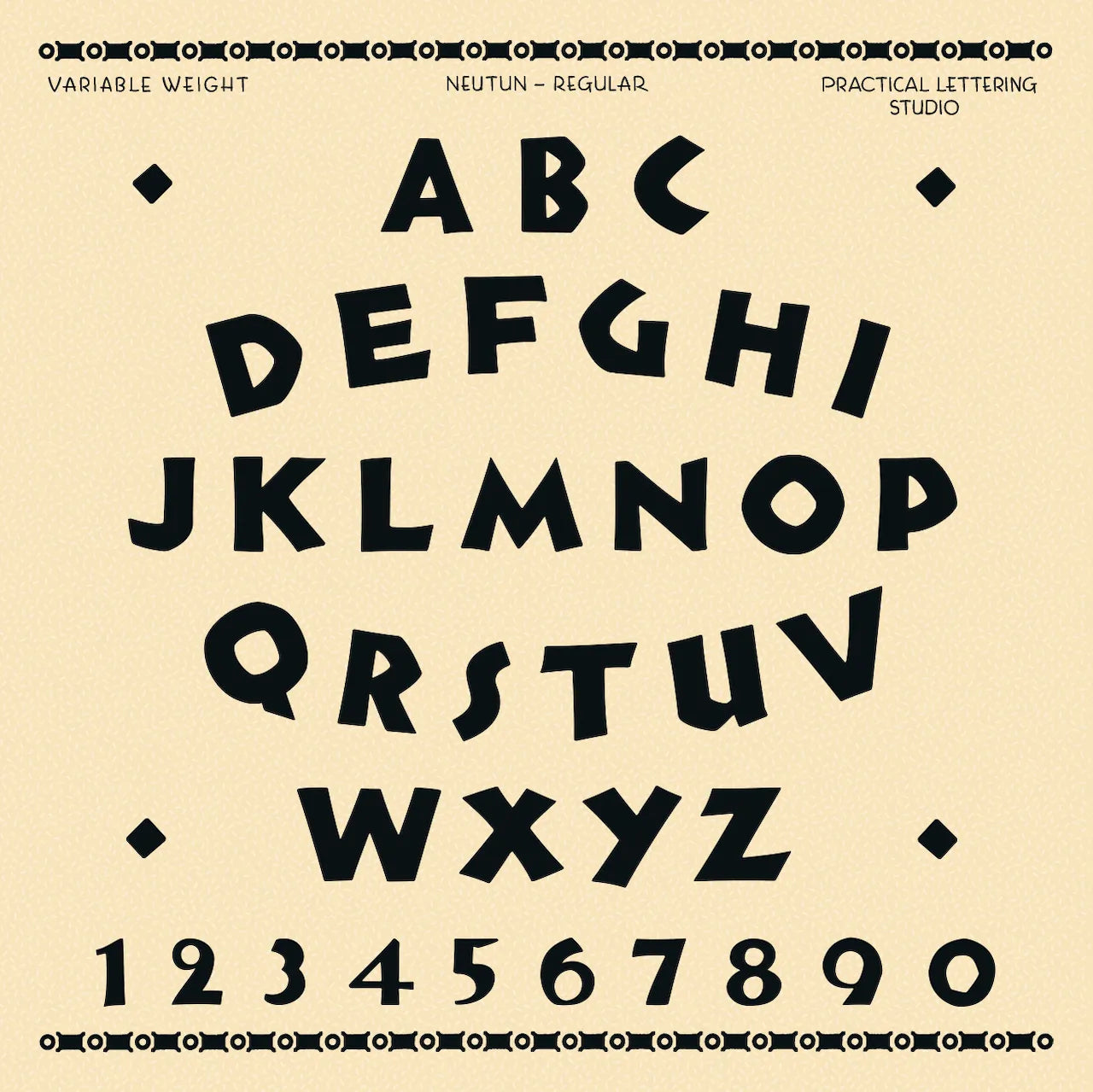 Specimen sheet for Neutun font. Black alphabet and numbers on a beige background
