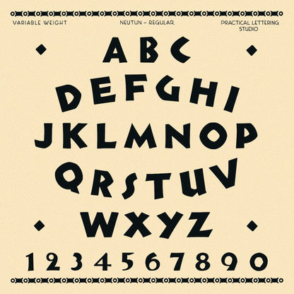 Specimen sheet for Neutun font. Black alphabet and numbers on a beige background
