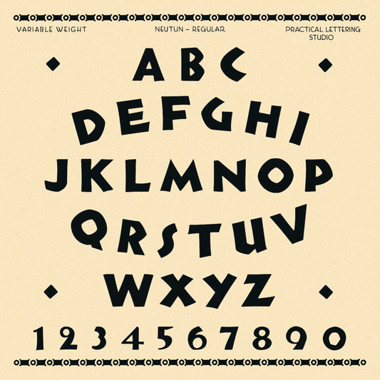 Specimen sheet for Neutun font. Black alphabet and numbers on a beige background