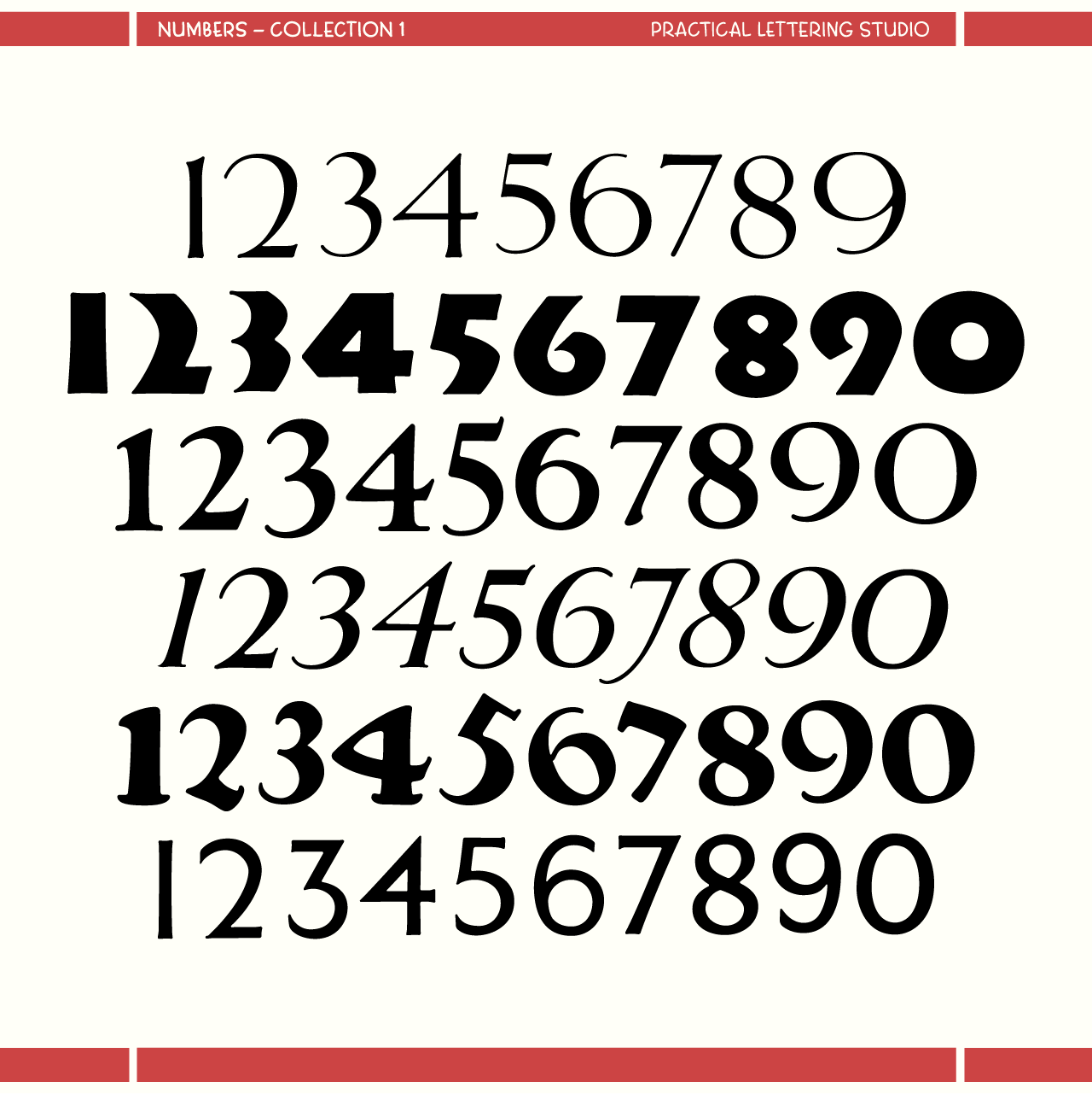 Collection of black numbers on a white background with red borders.