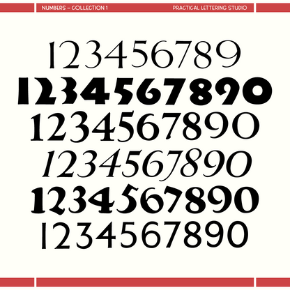 Collection of black numbers on a white background with red borders.