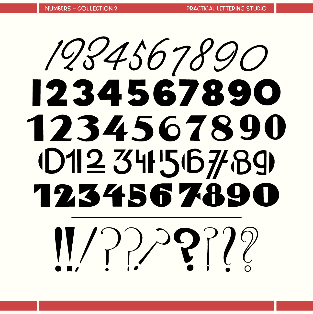 Collection of stylized numbers and punctuation marks on a white background with red accents.