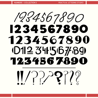 Collection of stylized numbers and punctuation marks on a white background with red accents.