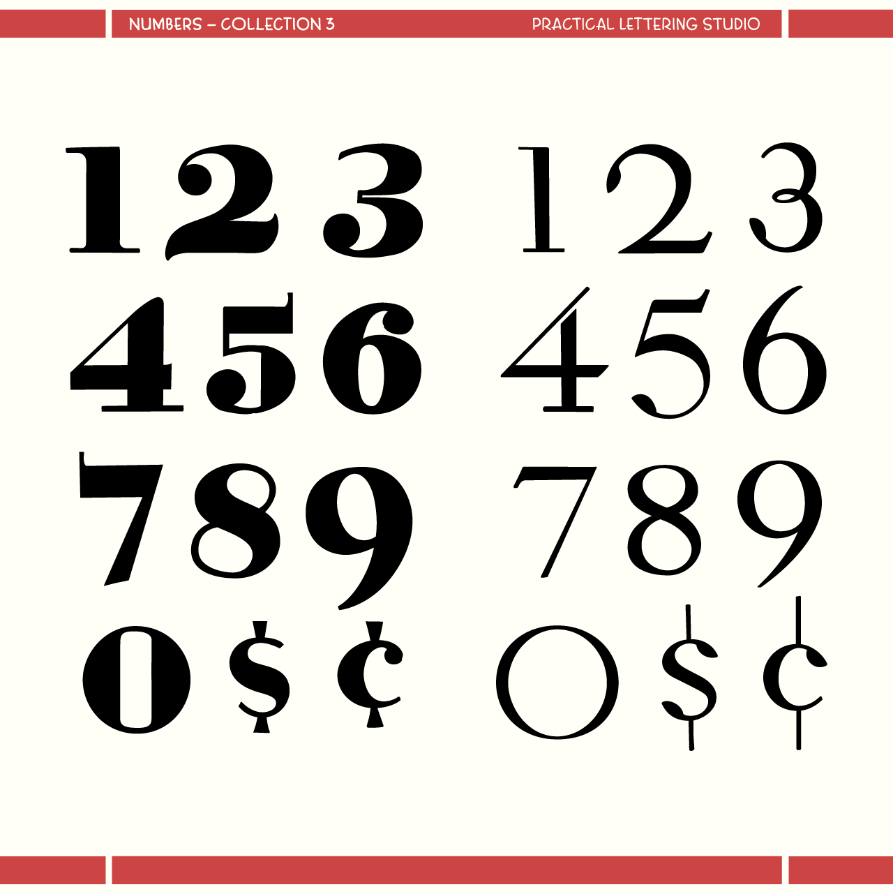 Collection of black numbers and symbols on a white background with red borders.