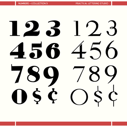 Collection of black numbers and symbols on a white background with red borders.
